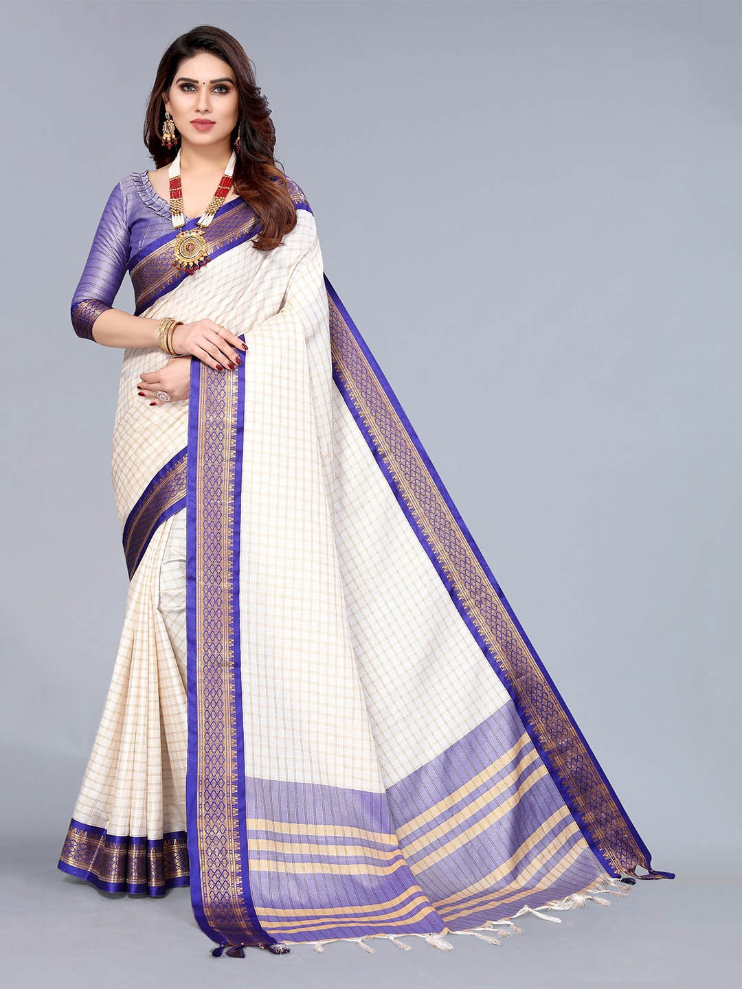 

KALINI Checked Zari Art Silk Banarasi Saree, White