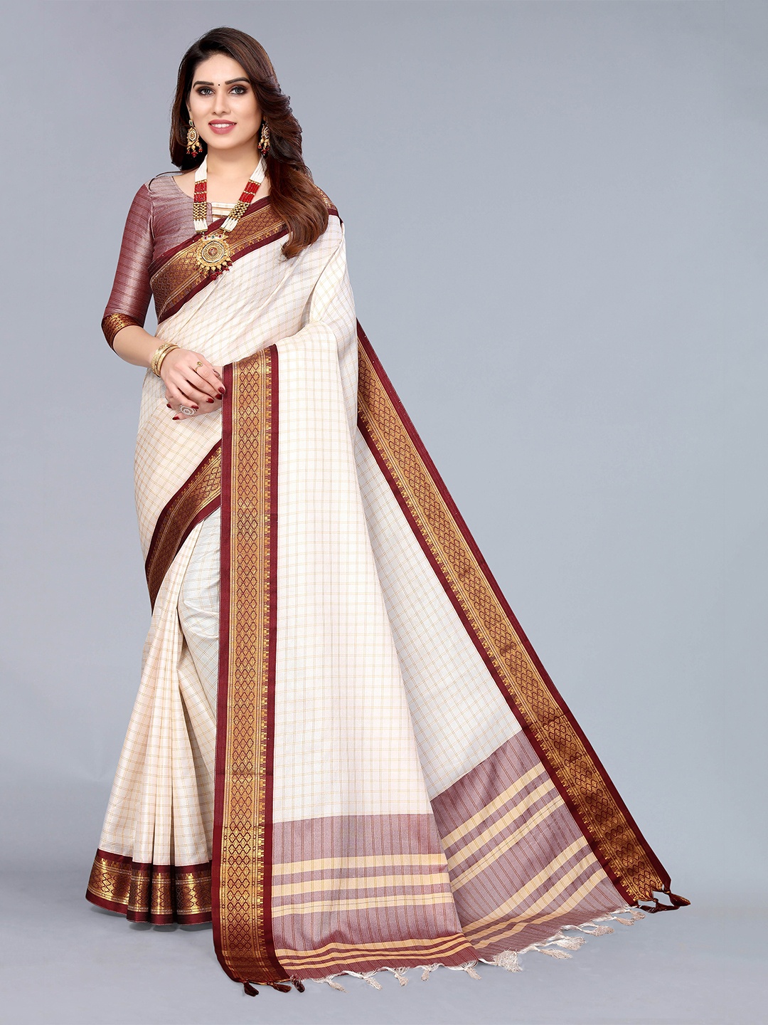 

KALINI Checked Zari Art Silk Banarasi Saree, White