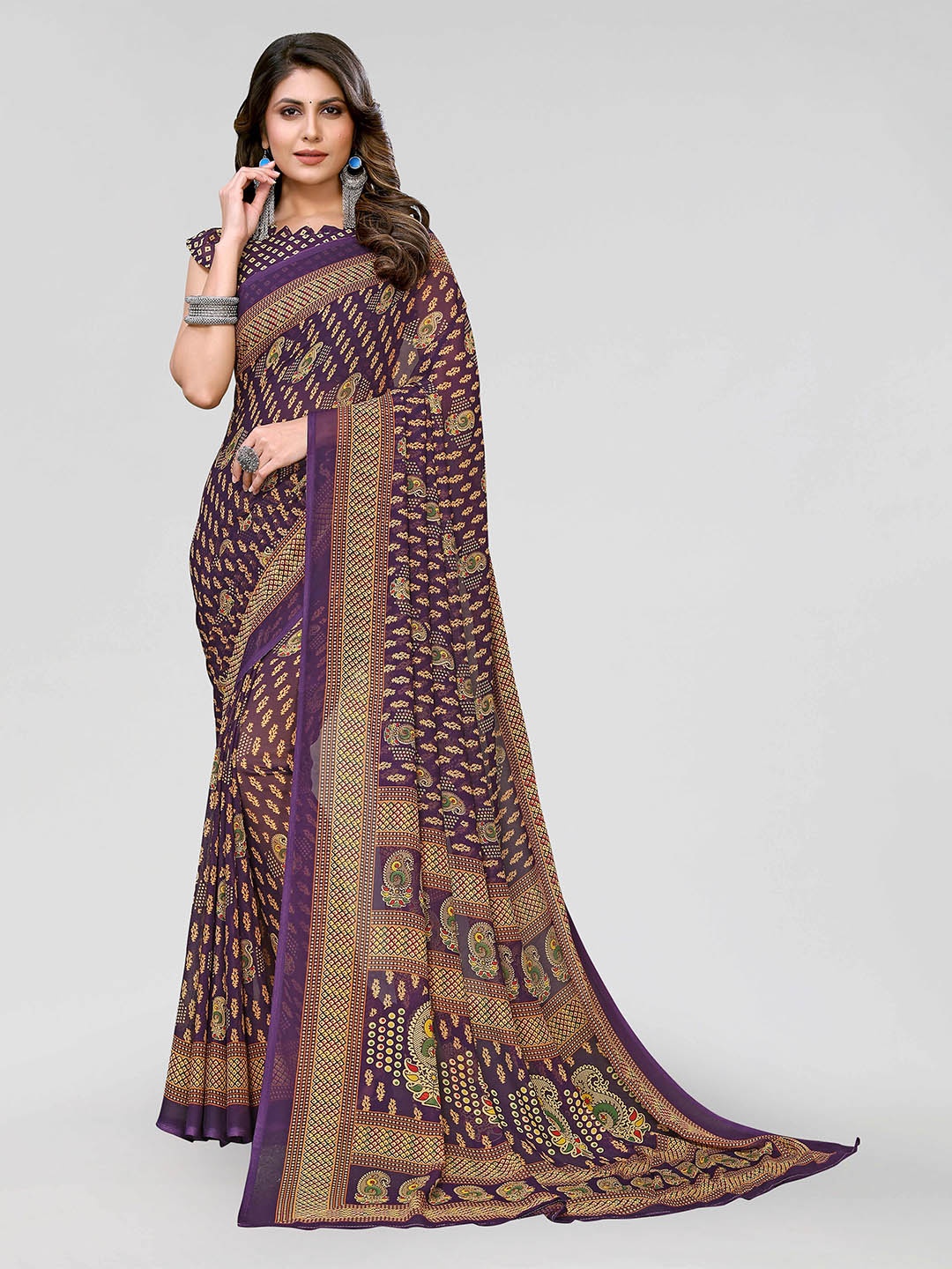 

KALINI Ethnic Motifs Printed Art Silk Banarasi Saree, Purple