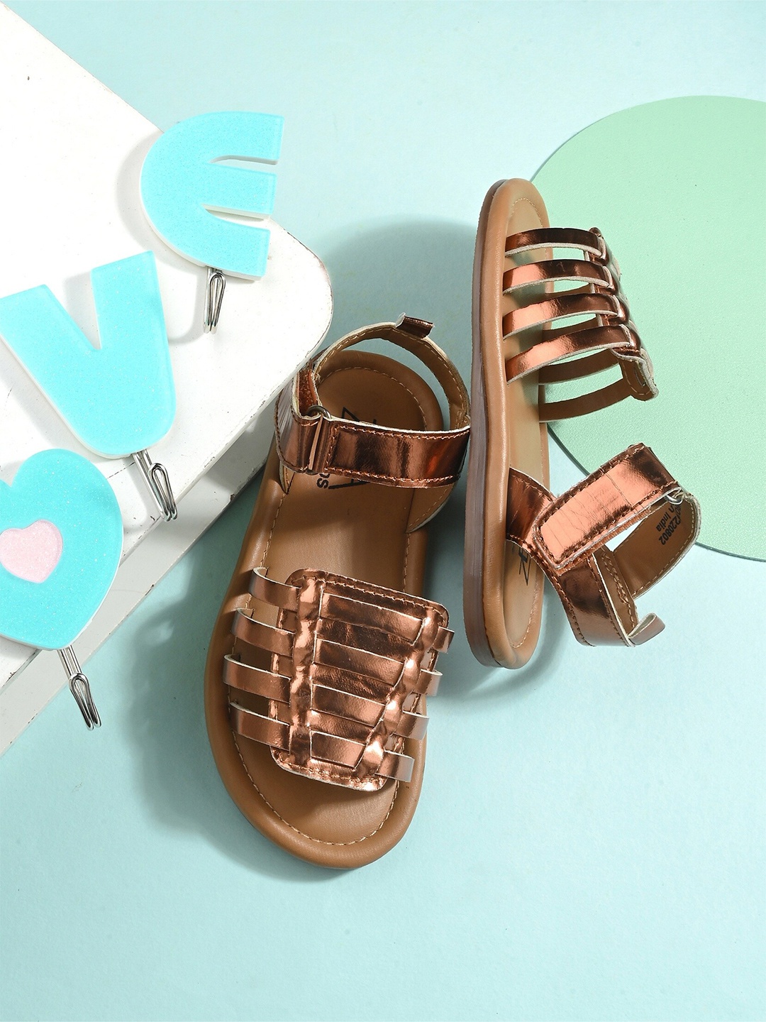

Zebba Girls Strappy Open Toe Flats With Velcro Closure, Copper