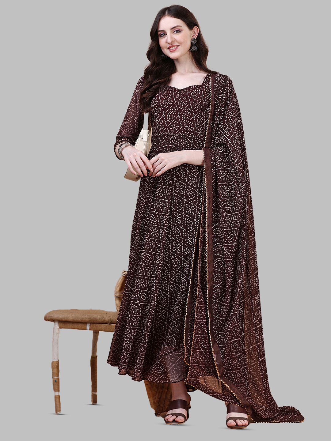 

N N ENTERPRISE Bandhani Printed Pure Georgette Kurta With Dupatta, Coffee brown