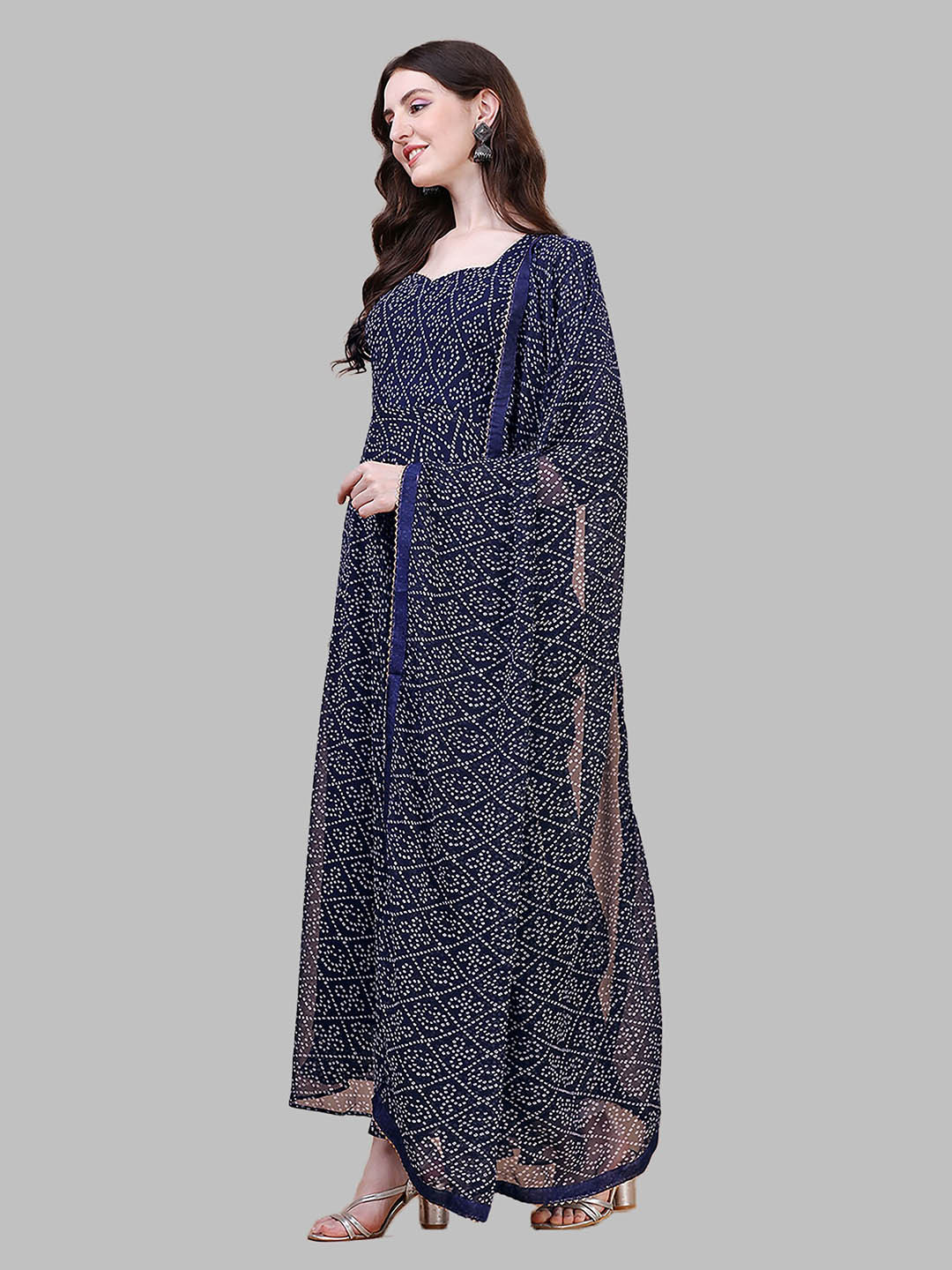 

N N ENTERPRISE Bandhani Printed Gotta Patti Pure Georgette Kurta With Dupatta, Navy blue