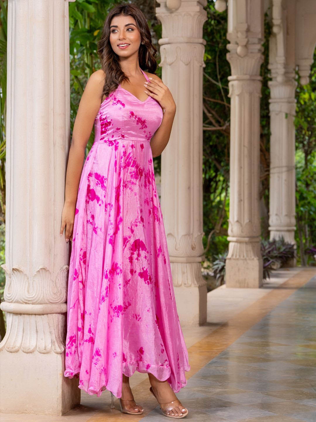 

HOUSE OF JAMOTI Tie And Dye Dyed Halter Neck Maxi Dress, Pink