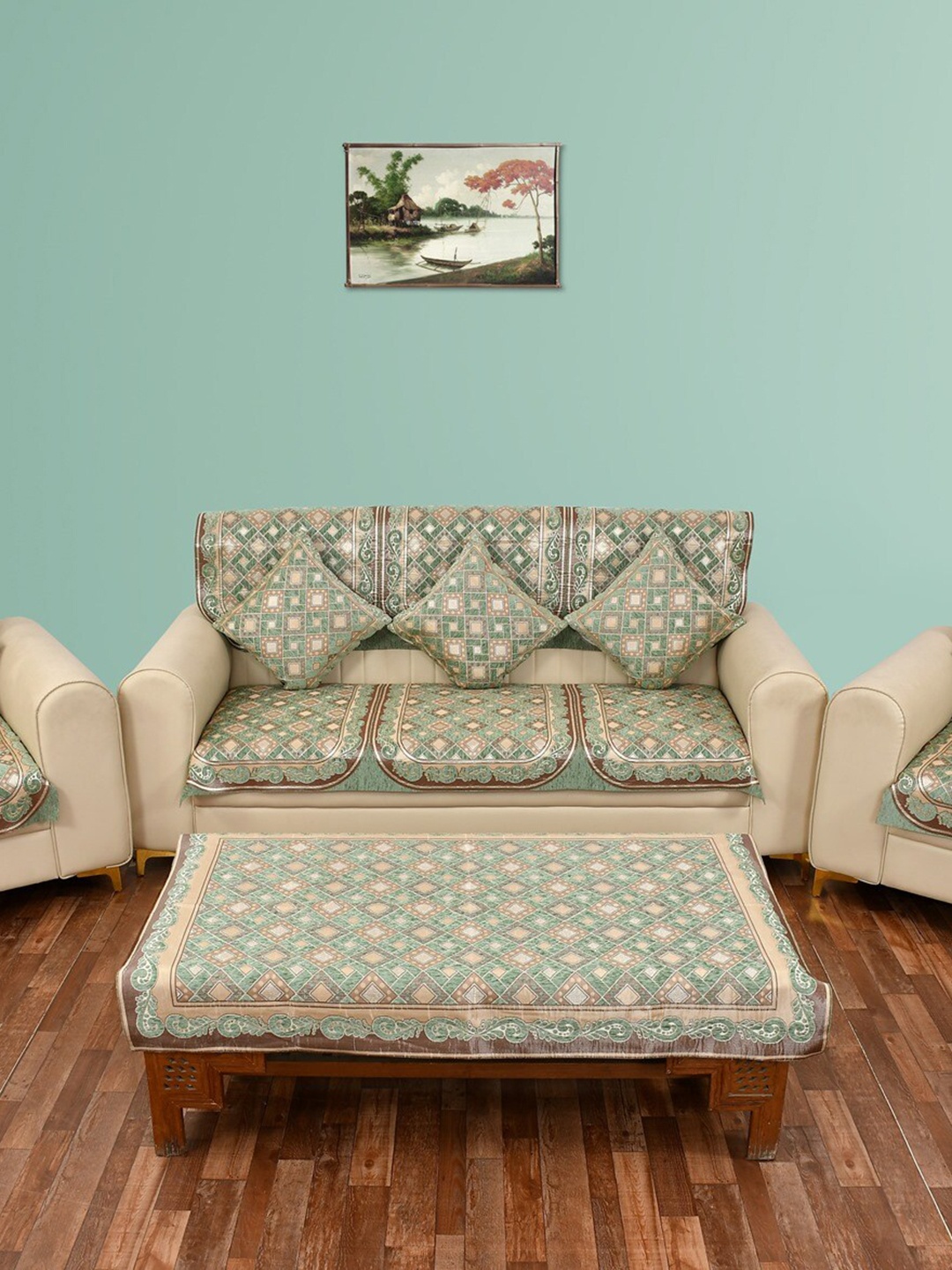 

MULTITEX Green 12 Pieces Floral Printed Waterproof & Flexible 5 Seater Sofa Covers
