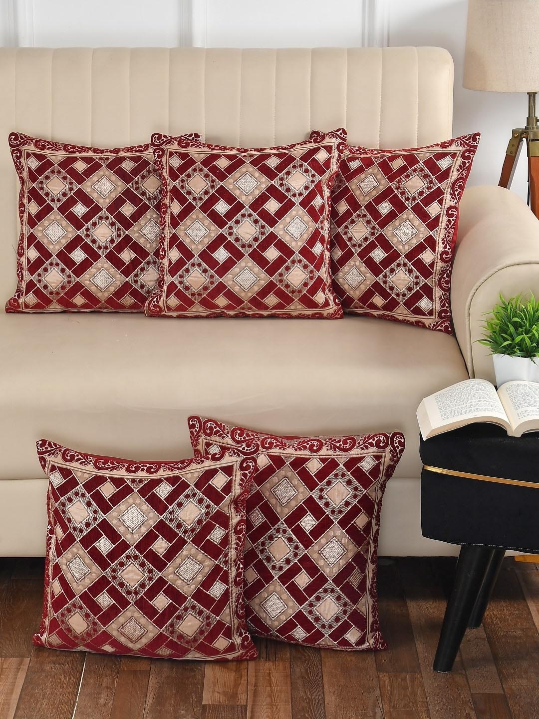 

MULTITEX Maroon 12 Pieces Floral Printed Waterproof & Flexible 5 Seater Sofa Covers
