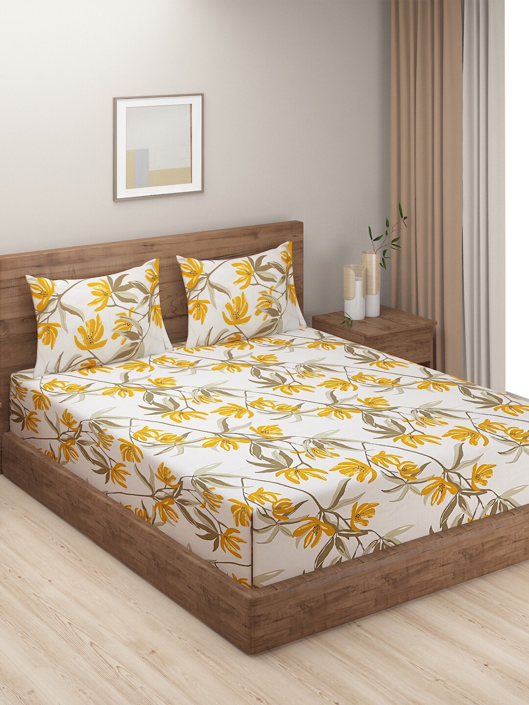 

SWAYAM Prakirti White & Yellow Floral Cotton 180 TC King Bedsheet with 2 Pillow Covers