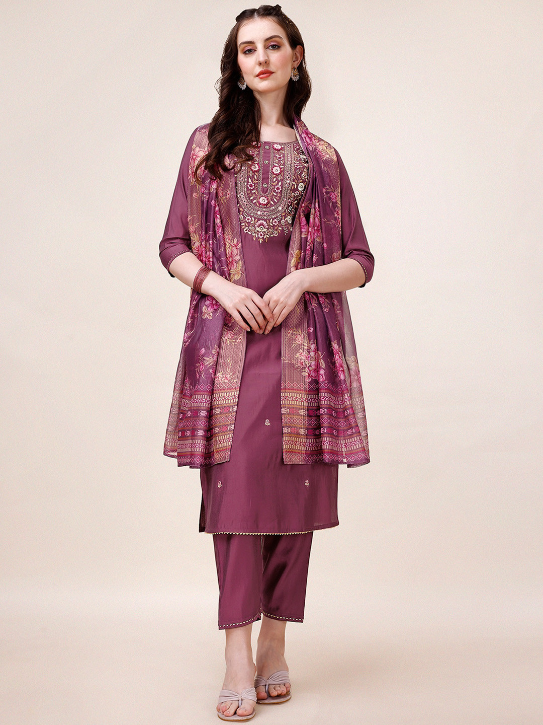 

KALINI Ethnic Motifs Yoke Design Thread Work Chanderi Cotton Kurta with Trousers & Dupatta, Lavender