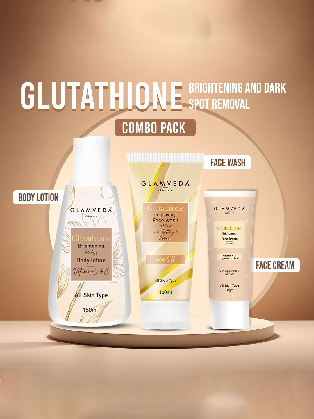 

GLAMVEDA Glutathione Brightening & Dark Spots 3 Steps Skincare Routine, Beige