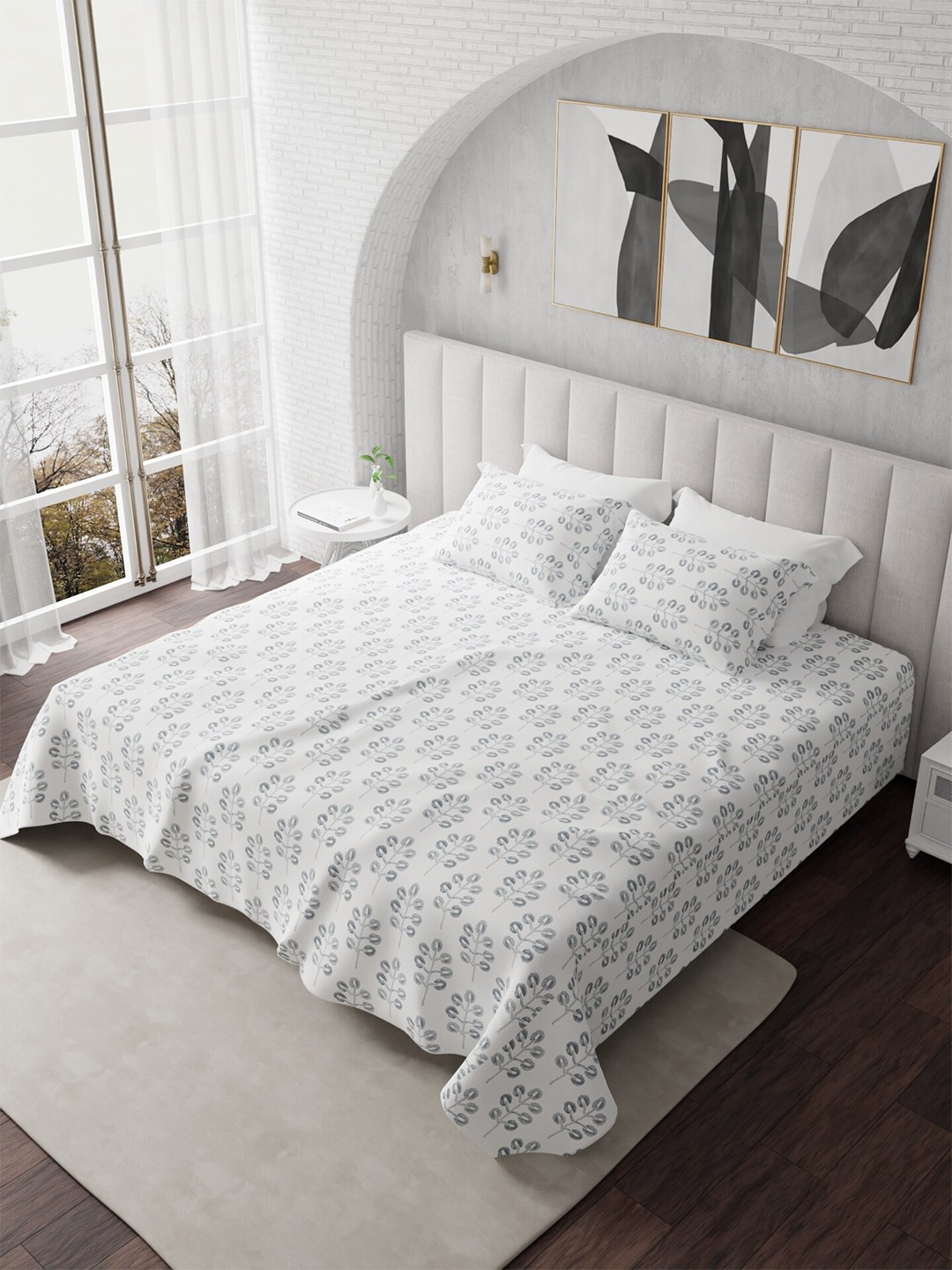 

HOUMN White & Grey Floral Pure Cotton 300 TC King Bedsheet with 2 Pillow Covers