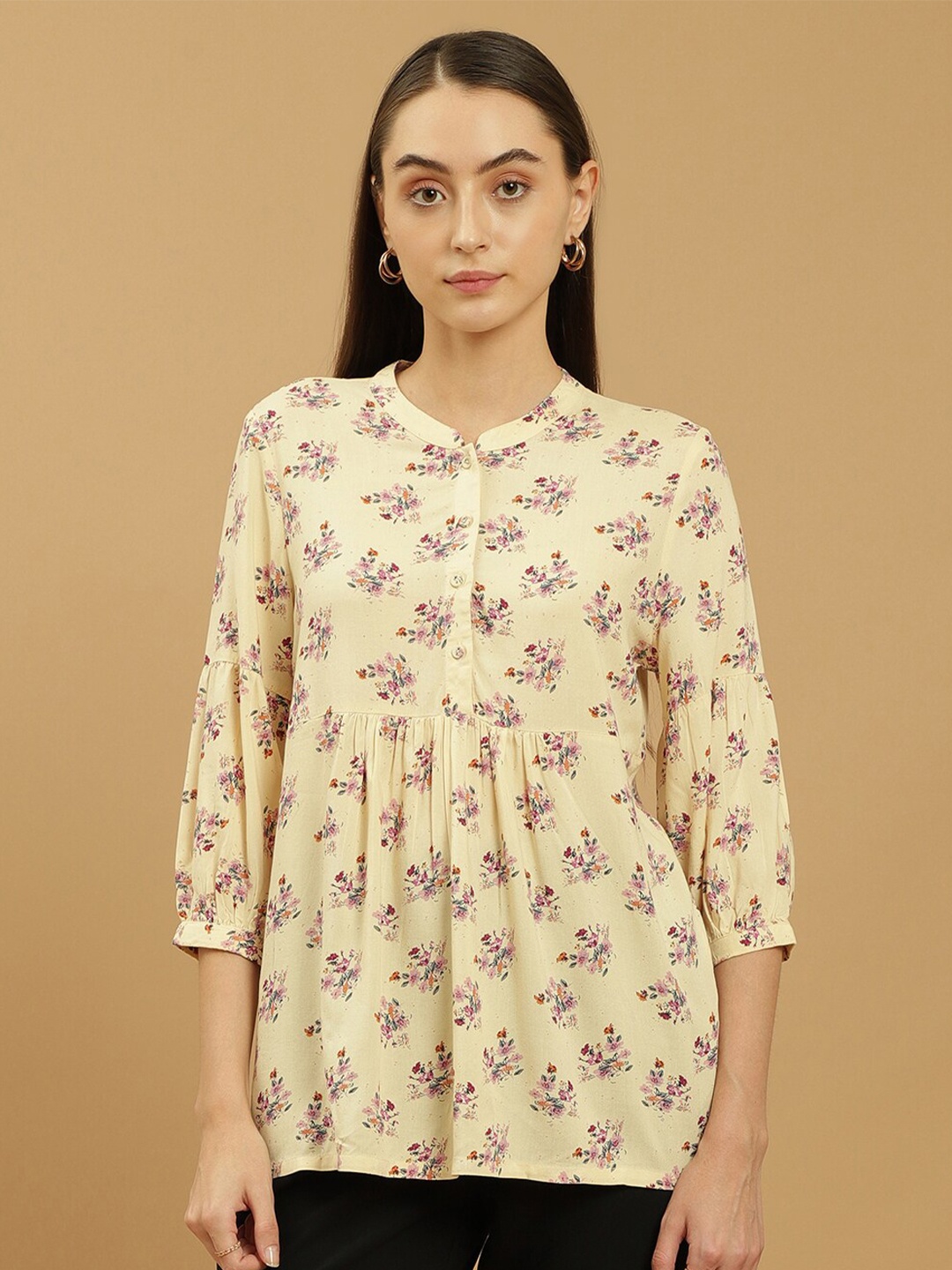 

Beatnik Floral Printed Mandarin Collar A-Line Kurti, Yellow