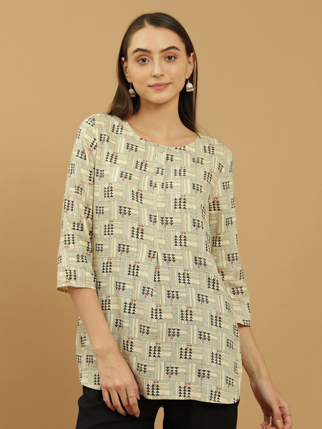 

Beatnik Geometric Printed Straight Kurti, Beige