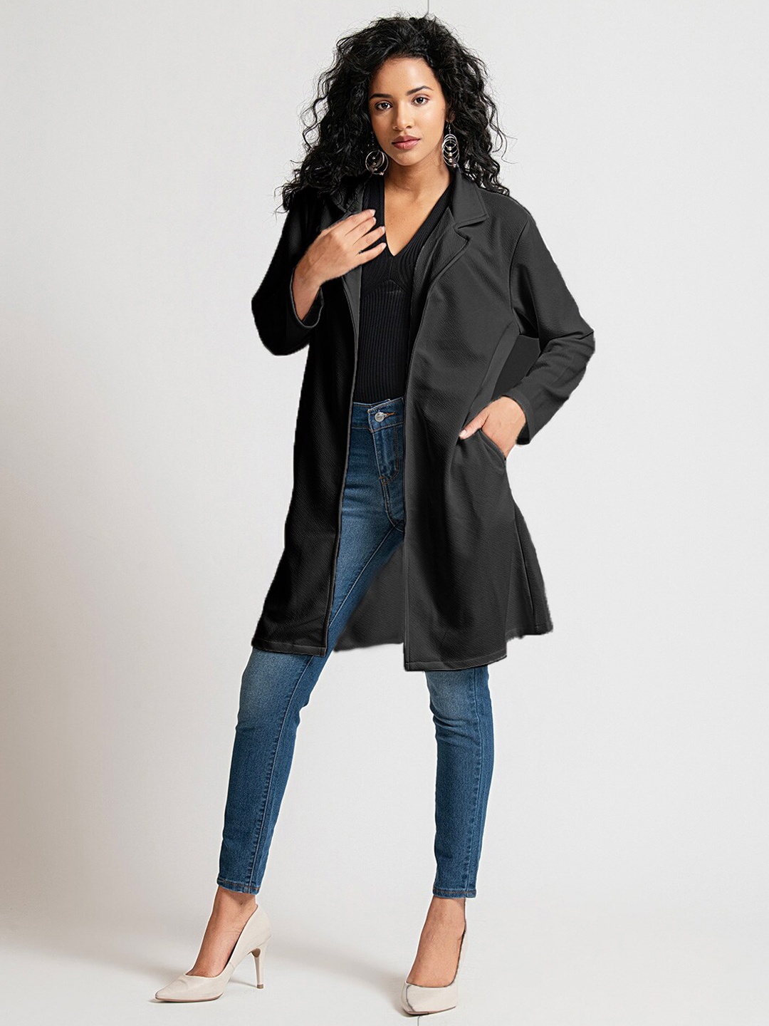 

urSense Lapel Collar Longline Open Front Jacket, Black