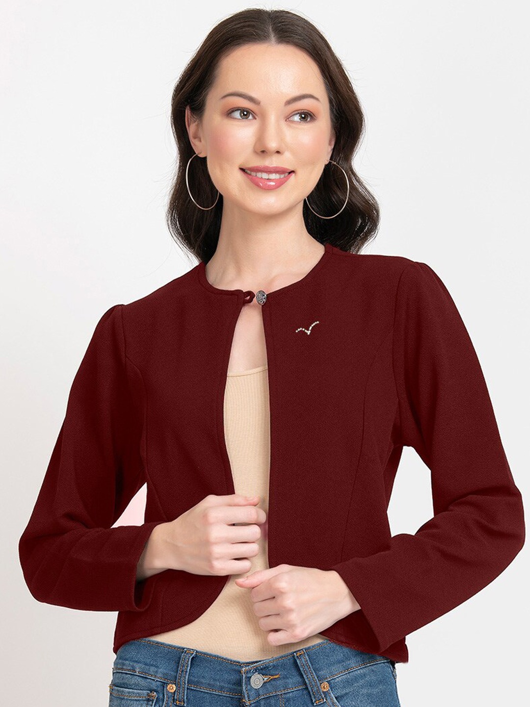 

urSense Lightweight Crop Open Front Jacket, Maroon