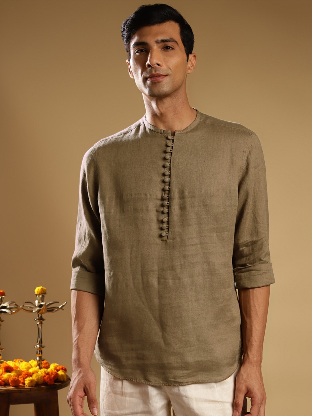 

Andamen Cuffed Sleeves Linen Straight Kurta, Brown