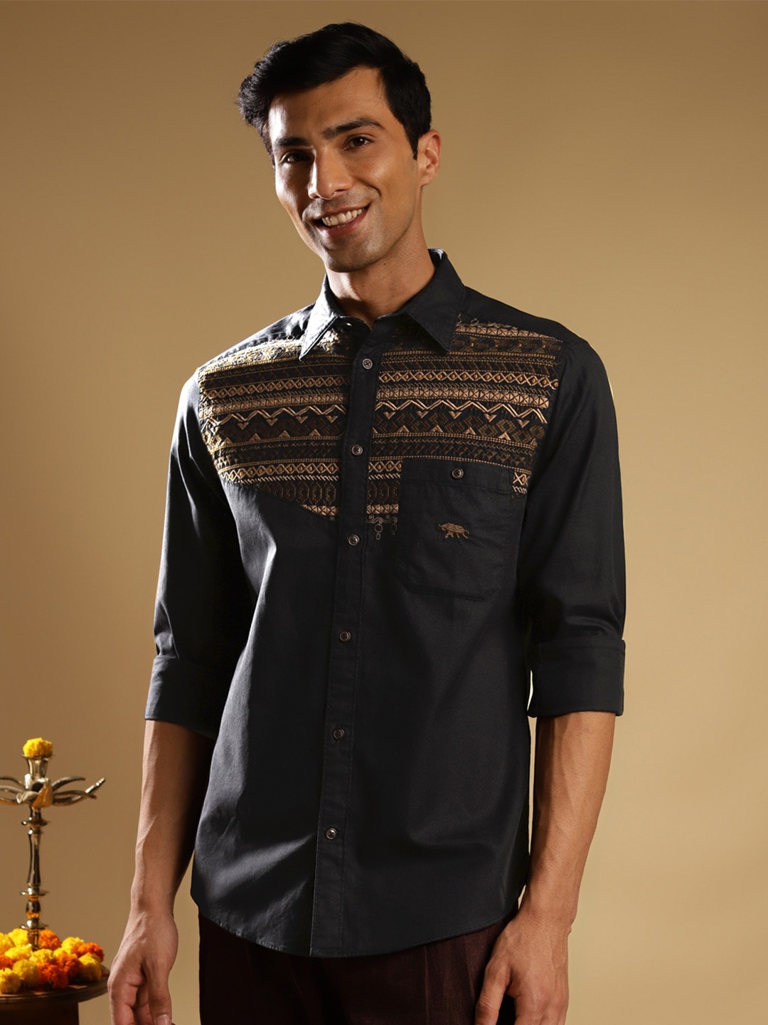 

Andamen Premium Ethnic Printed Spread Collar Embroidered Organic Cotton Casual Shirt, Black