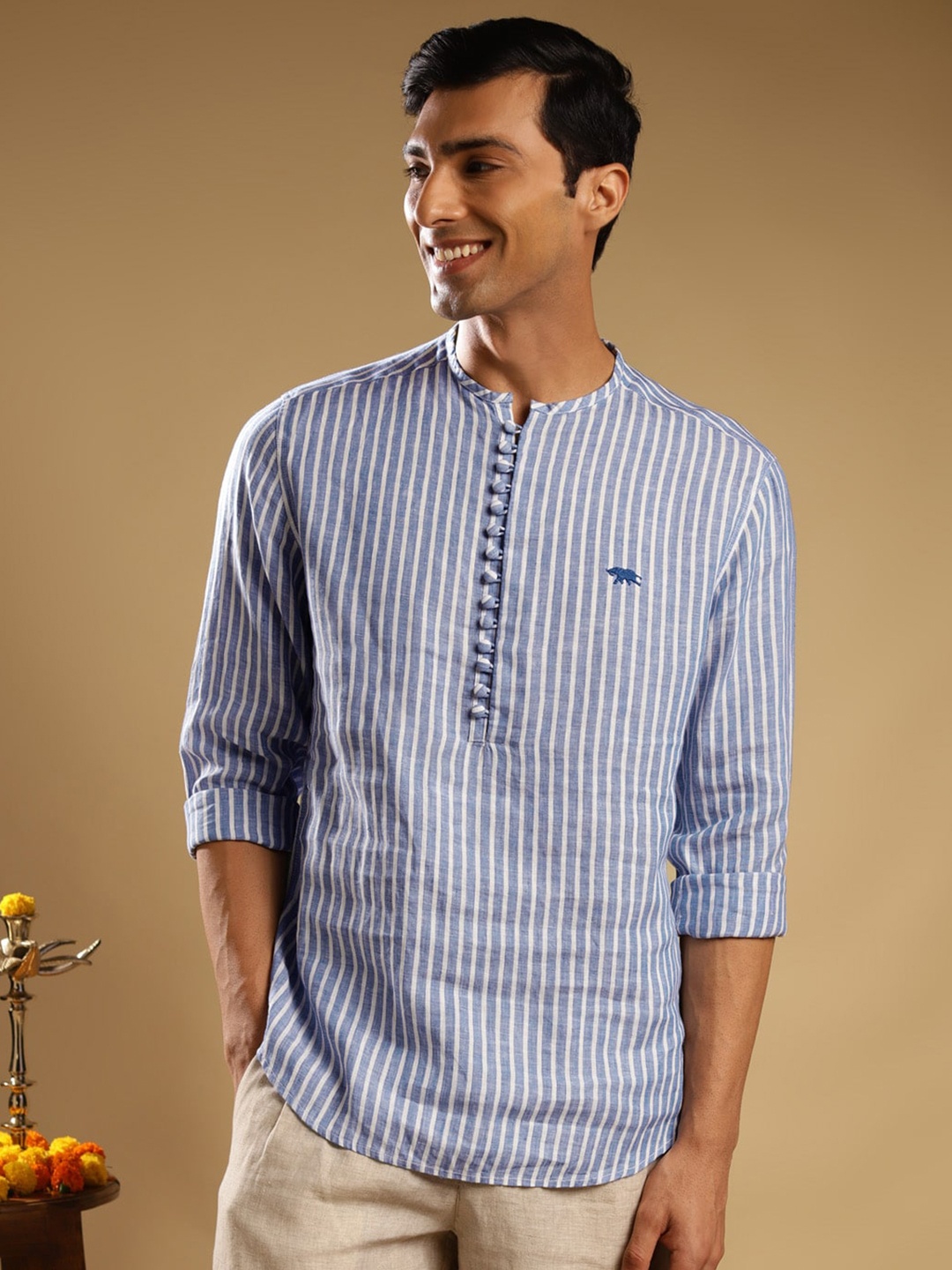

Andamen Premium Vertical Stripes Mandarin Collar Long Sleeves Linen Casual Shirt, Blue