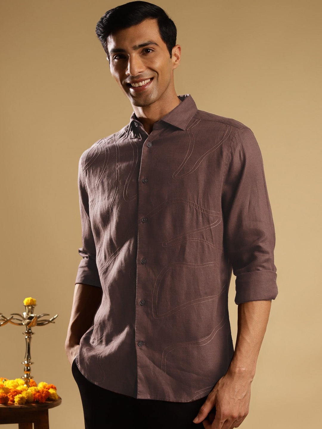 

Andamen Premium Spread Collar Long Sleeves Embroidered Linen Casual Shirt, Brown