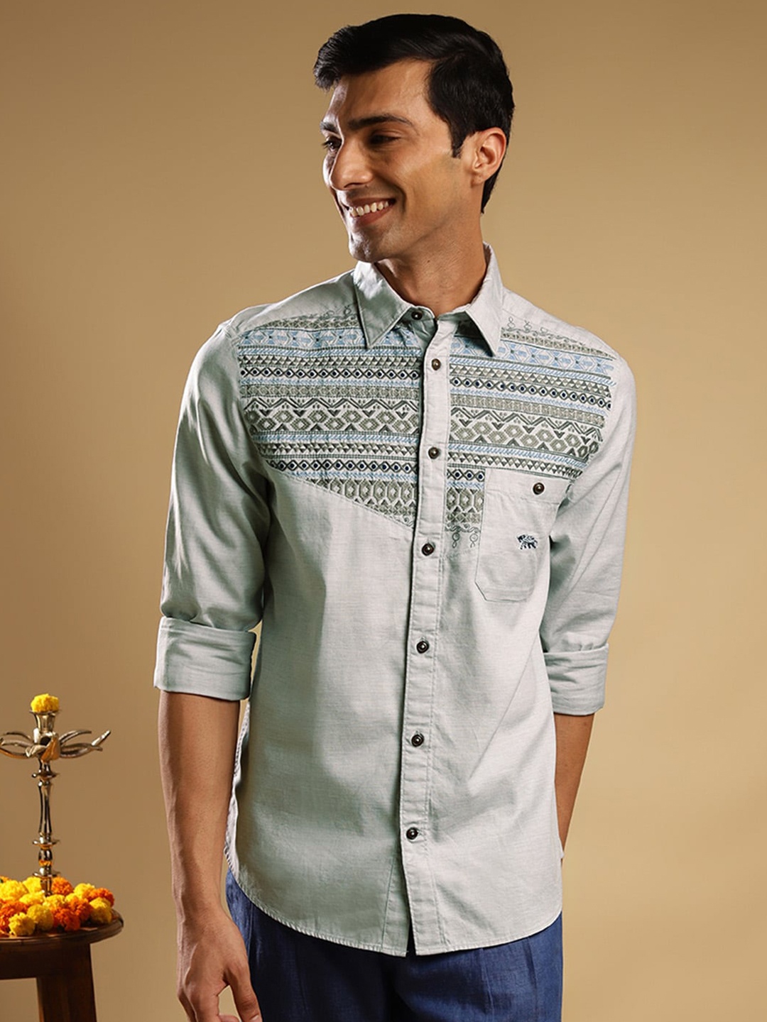 

Andamen Premium Ethnic Motifs Embroidered Casual Organic Cotton Shirt, Grey