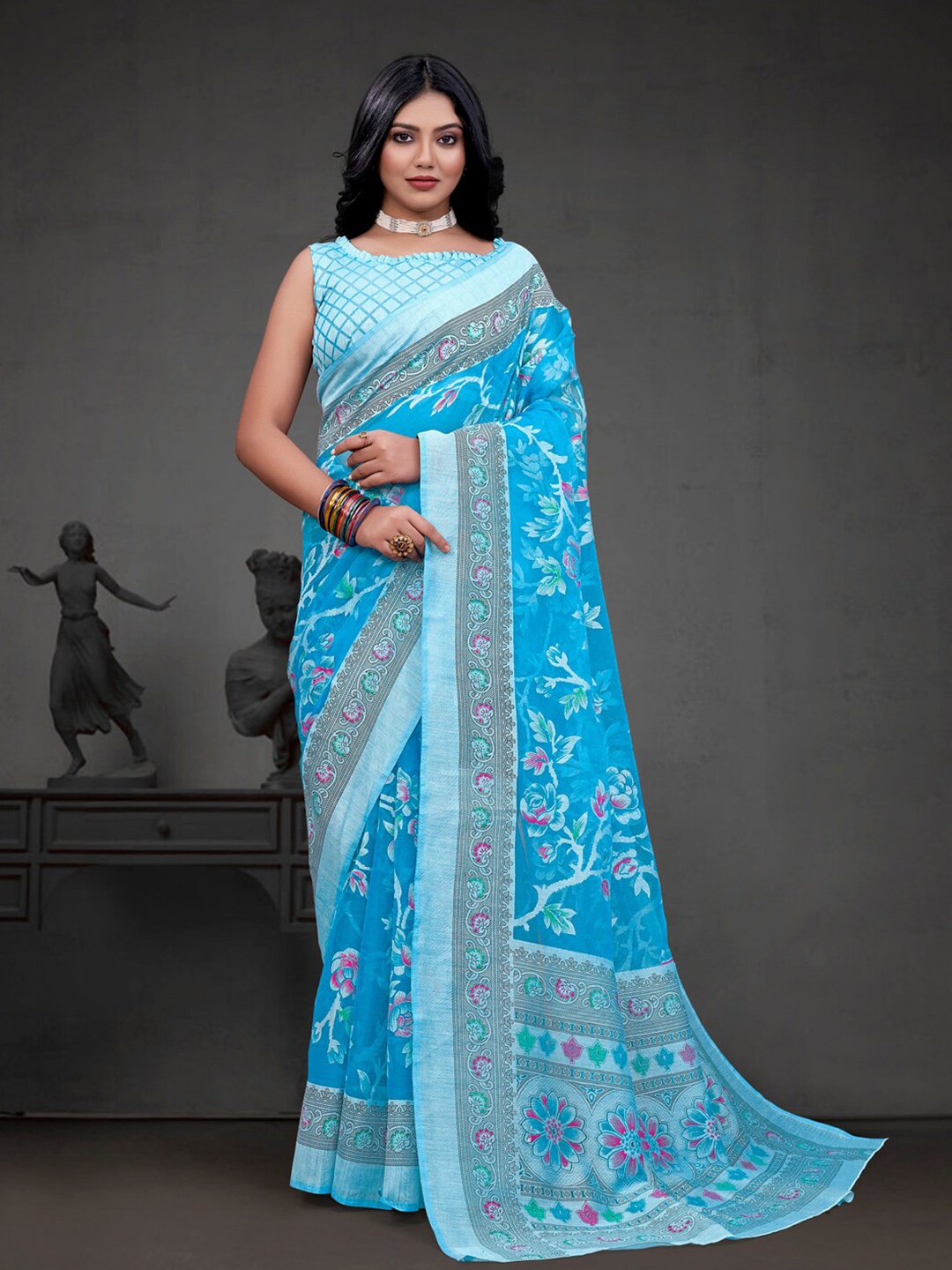 

Anouk Blue Floral Printed Brasso Chanderi Saree