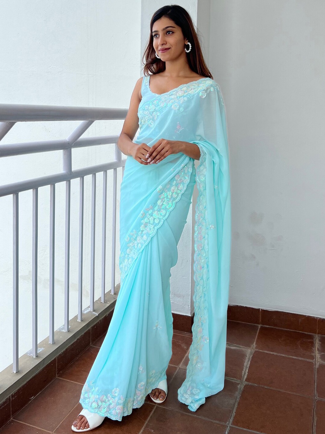 

Anouk Blue Ethnic Motifs Embroidered Sequinned Pure Georgette Saree