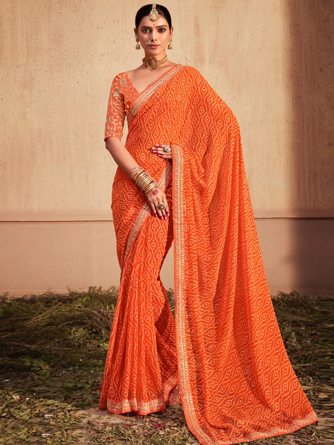 

Anouk Orange-Coloured Bandhani Printed Sequinned Detailed Pure Georgette Saree