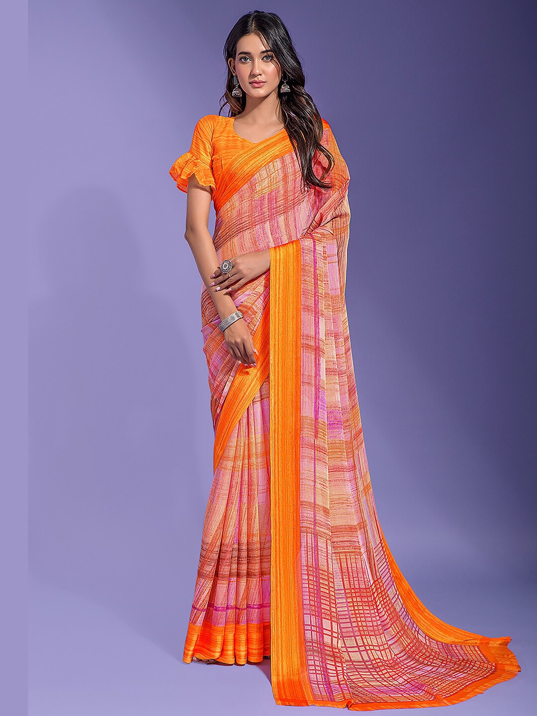 

Anouk Peach-Coloured Striped Pure Chiffon Saree