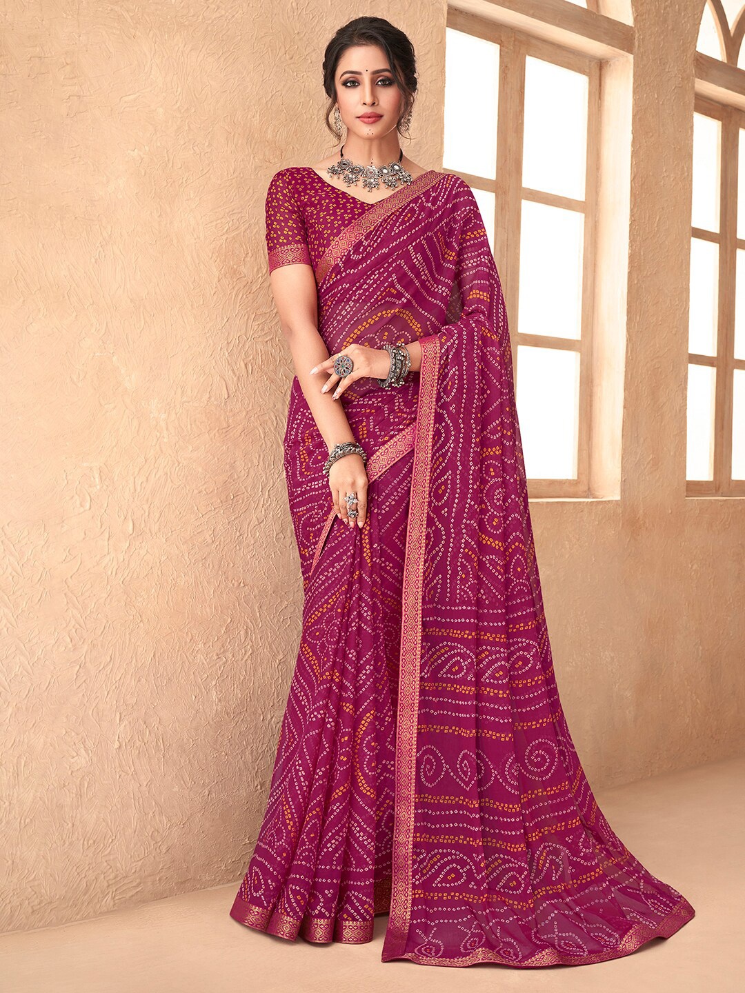 

Anouk Magenta-Coloured Bandhani Printed Zari Detailed Pure Chiffon Saree