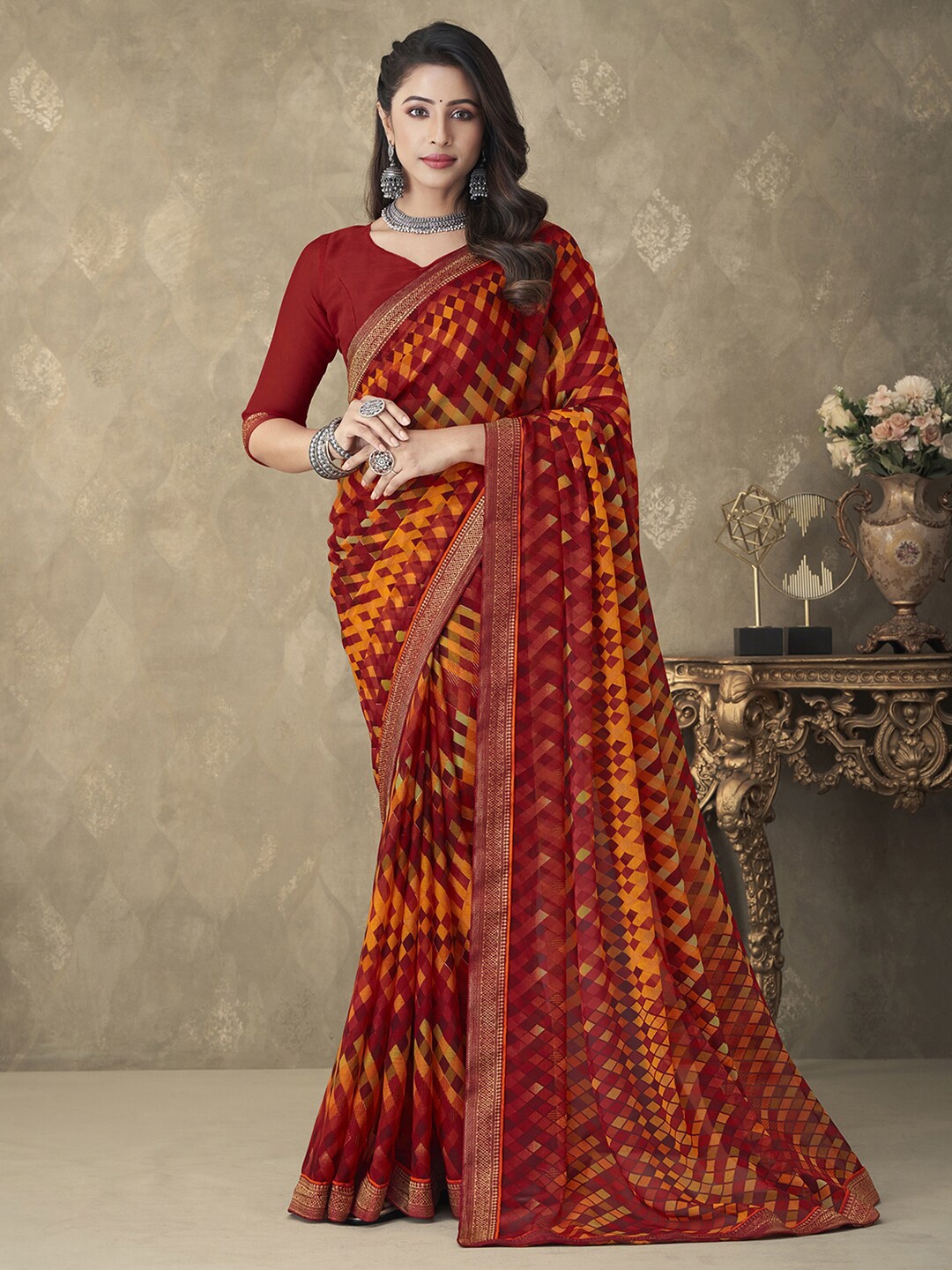 

Anouk Maroon Geometric Printed Zari Pure Chiffon Block Print Saree