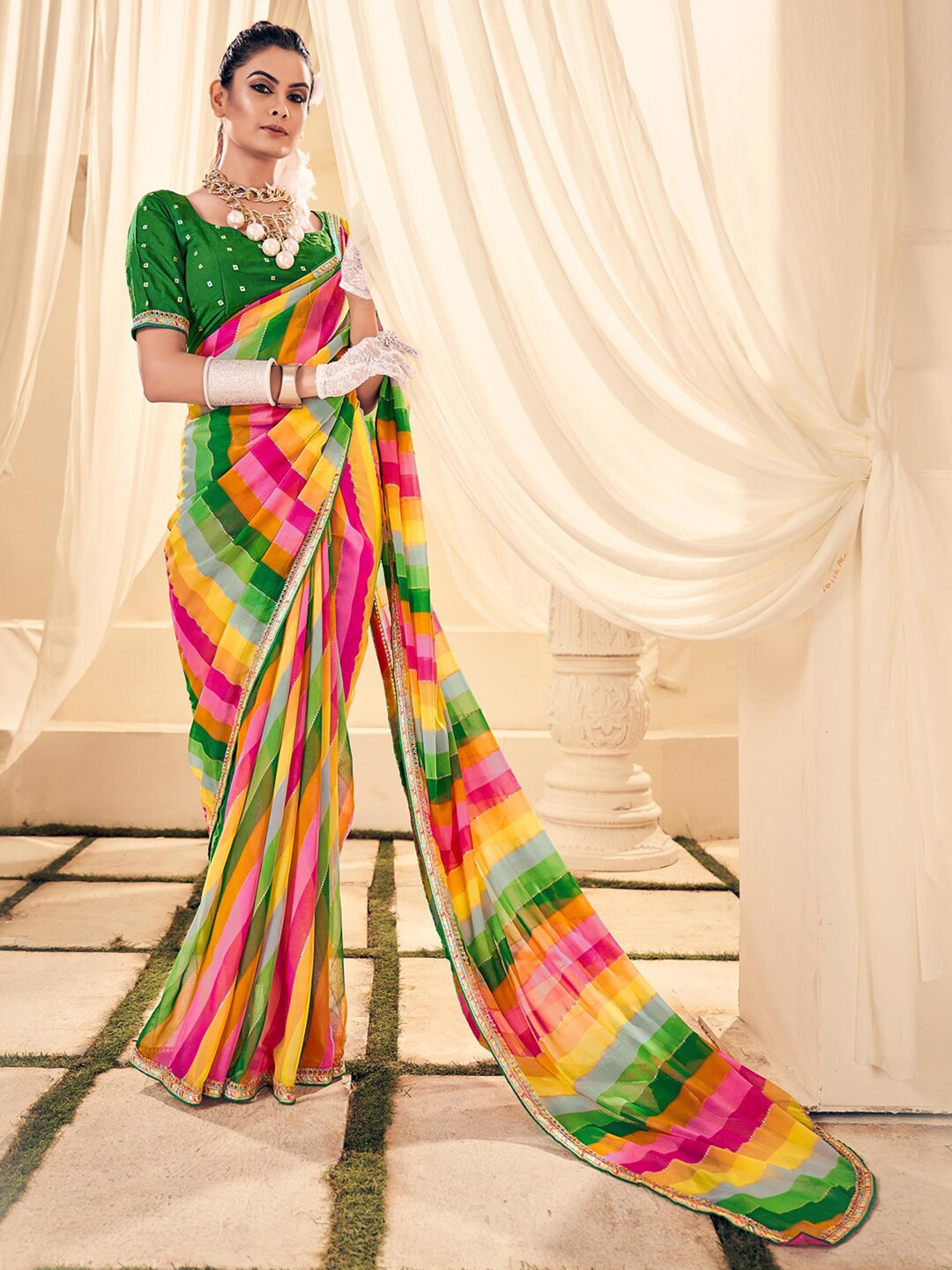 

Anouk Green Striped Embroidered Pure Georgette Leheriya Saree