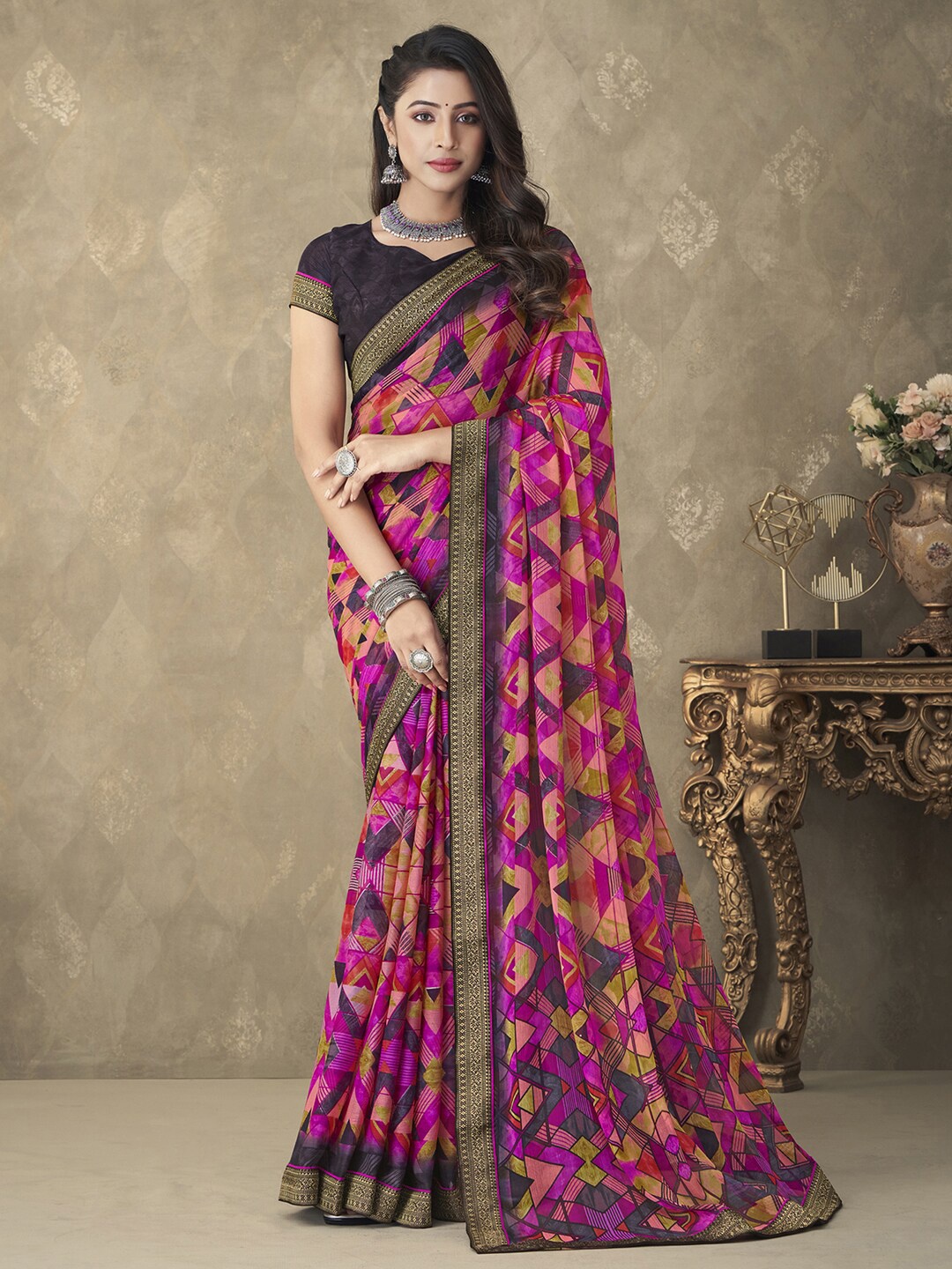 

Anouk Rustic Pink Geometric Printed Zari Pure Chiffon Block Print Saree