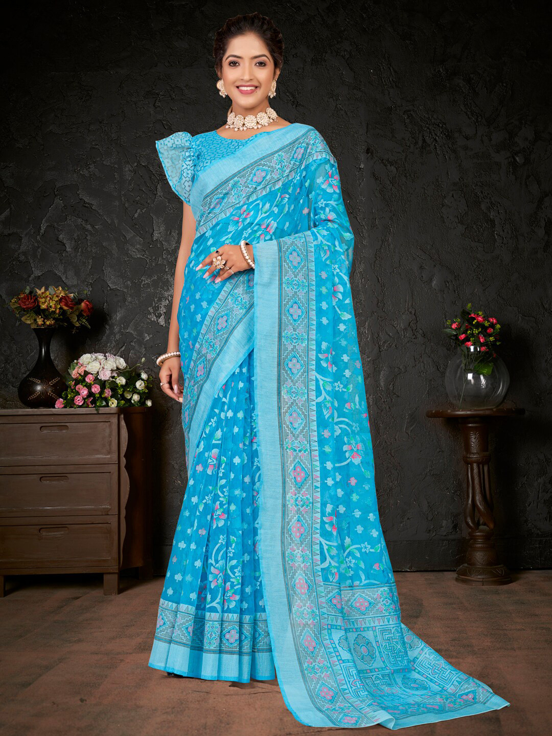 

Anouk Blue Floral Printed Brasso Chanderi Saree