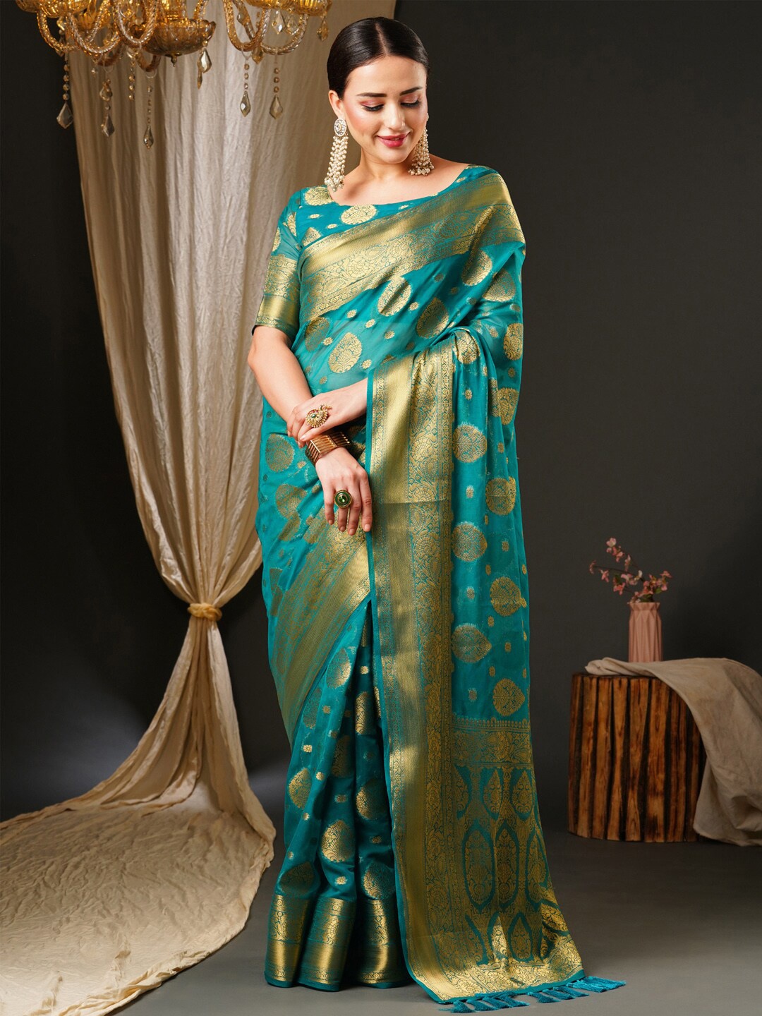 

Anouk Blue Ethnic Motifs Woven Design Zari Pure Georgette Kanjeevaram Saree