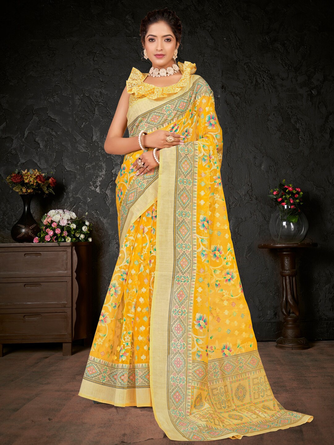 

Anouk Yellow Floral Printed Brasso Chanderi Saree