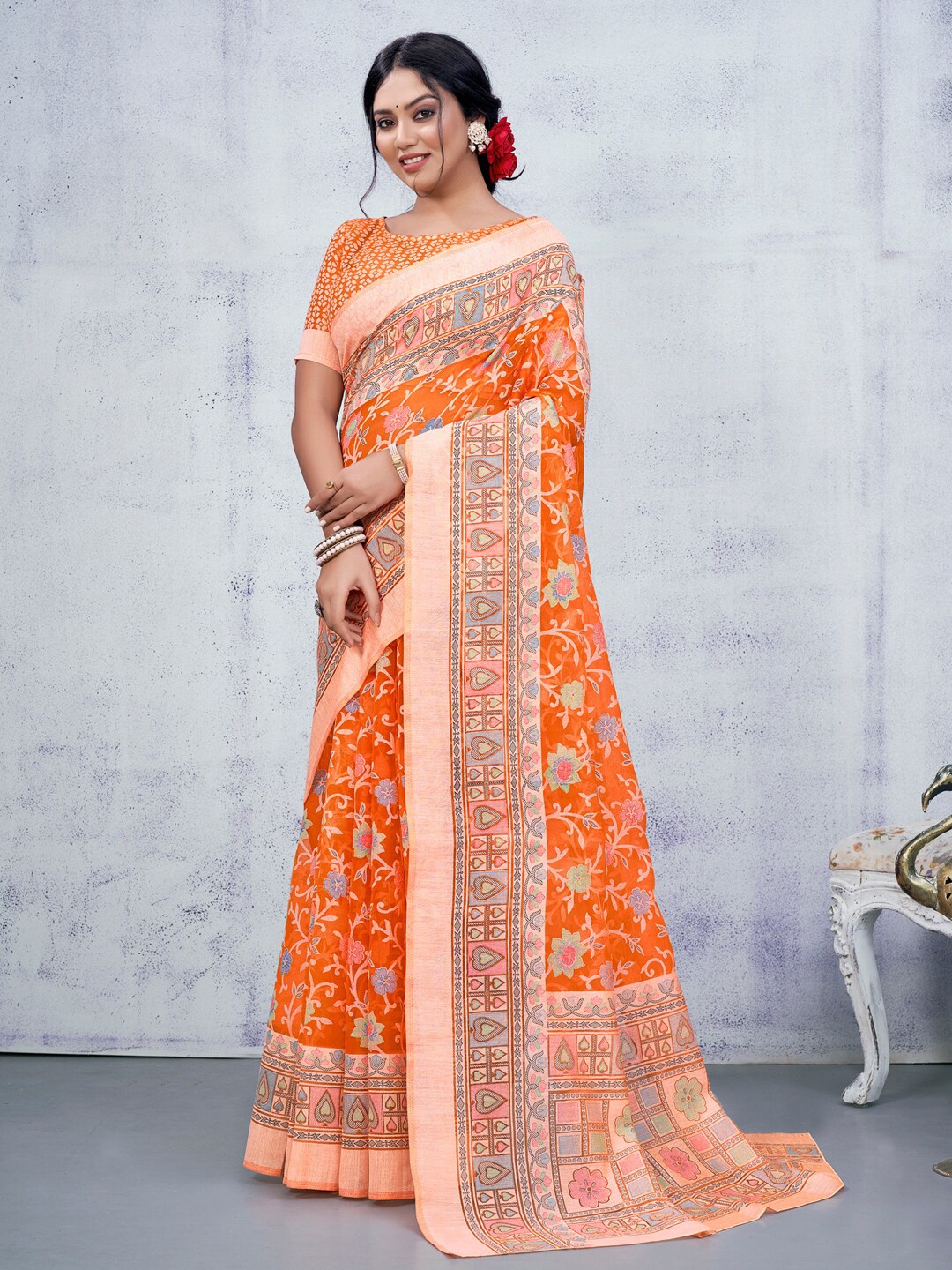 

Anouk Orange Floral Printed Brasso Chanderi Saree