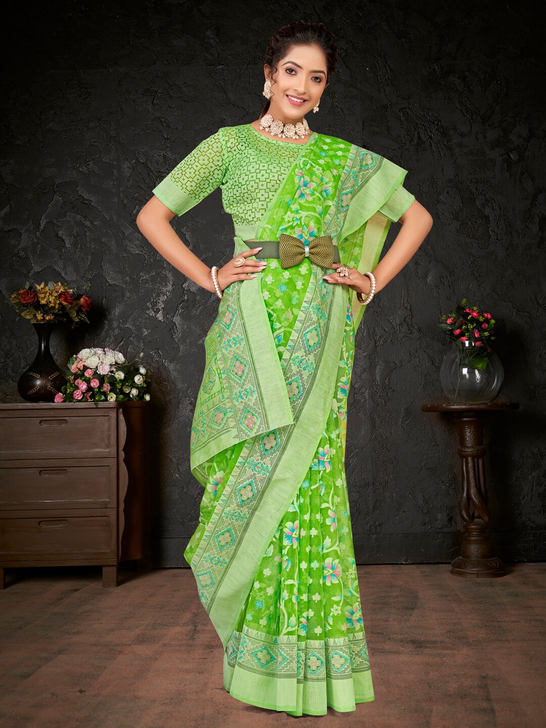 

Anouk Green Floral Printed Brasso Chanderi Saree