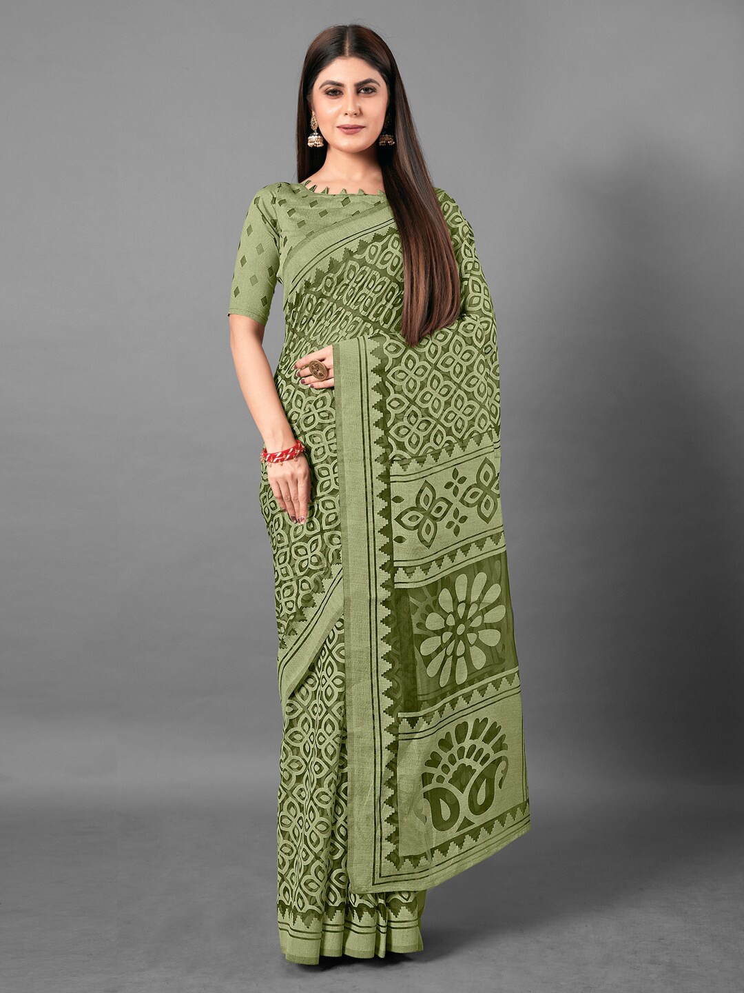 

Anouk Green Ethnic Motifs Printed Brasso Chanderi Saree