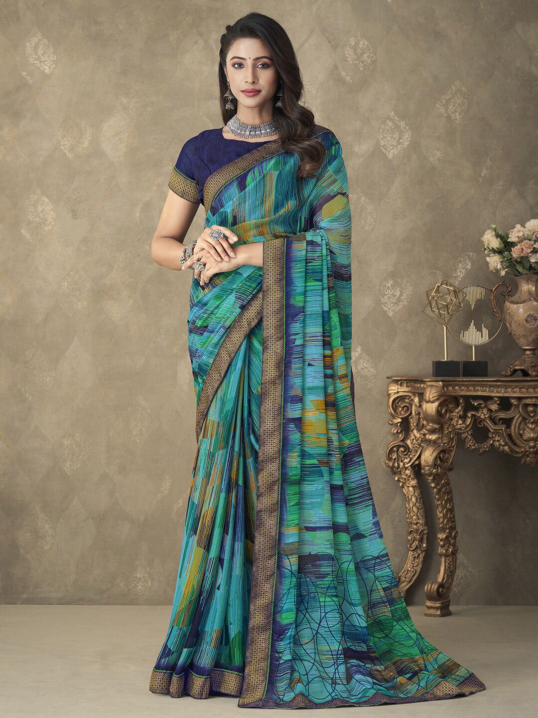 

Anouk Blue Abstract Printed Zari Pure Chiffon Block Print Saree