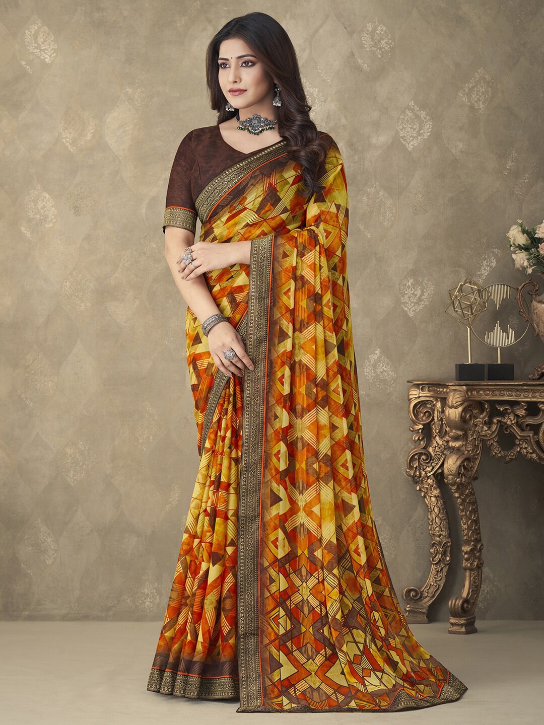

Anouk Yellow & Red Geometric Block Printed Zari Pure Chiffon Saree