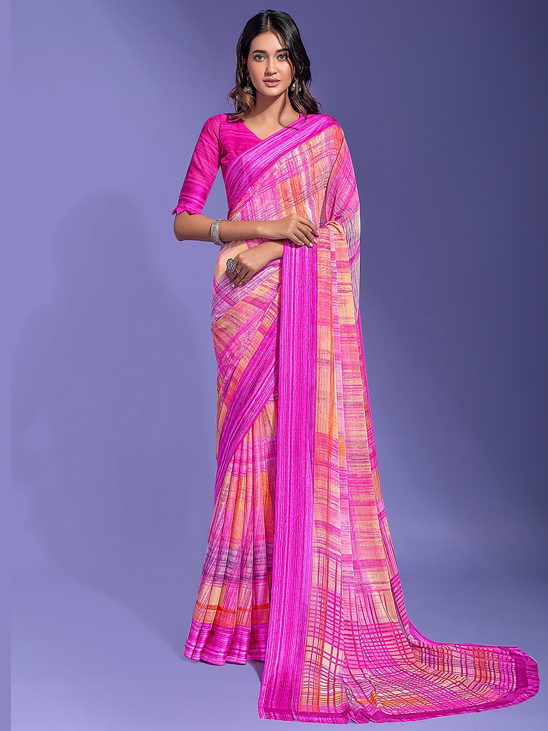 

Anouk Pink & Orange Abstract Block Printed Pure Chiffon Saree