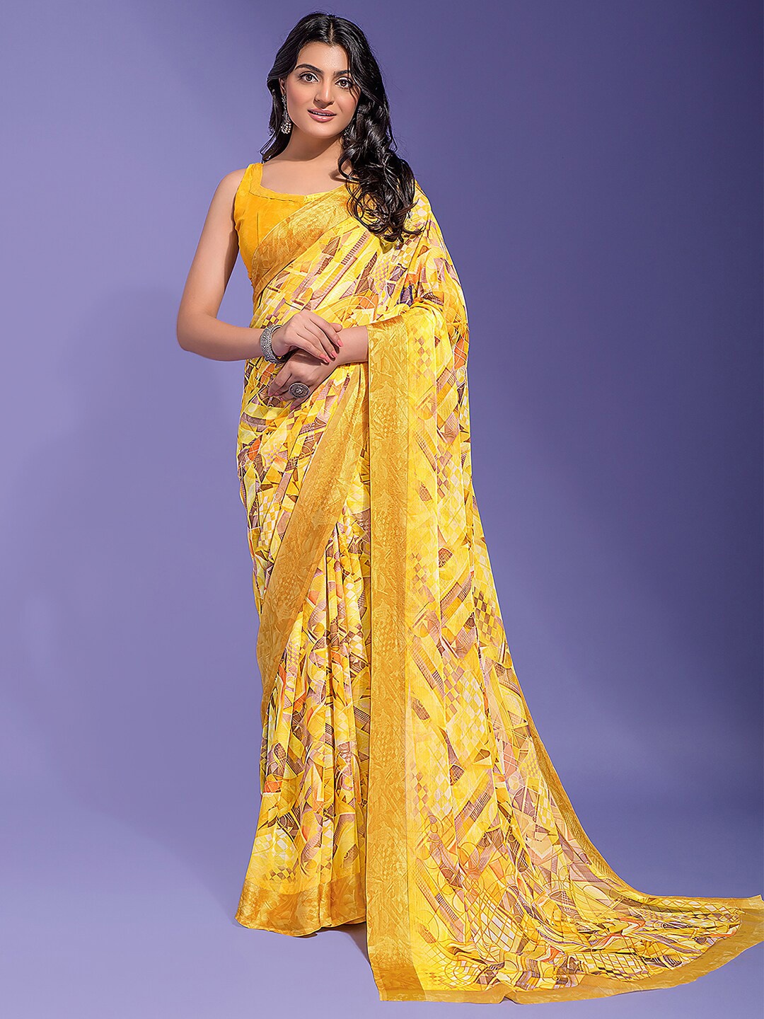 

Anouk Yellow Abstract Block Printed Pure Chiffon Saree