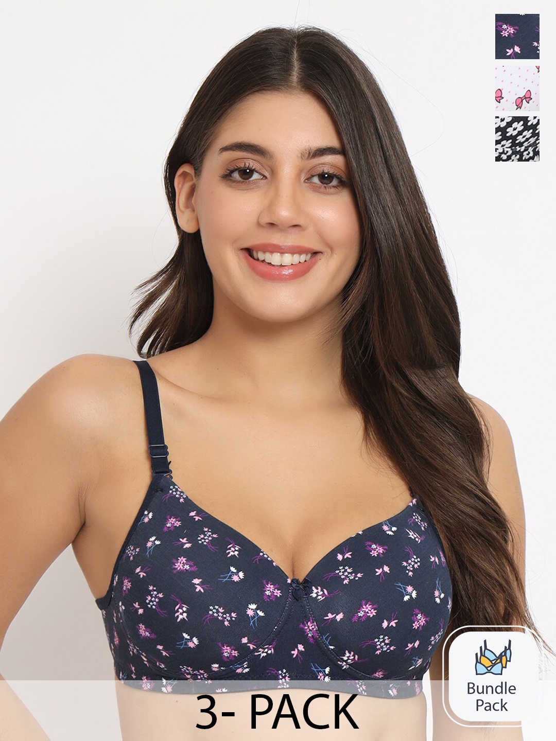 

Docare Pack Of 3 Full Coverage Lightly Padded Cotton T-shirt Bra With All Day Comfort, Navy blue