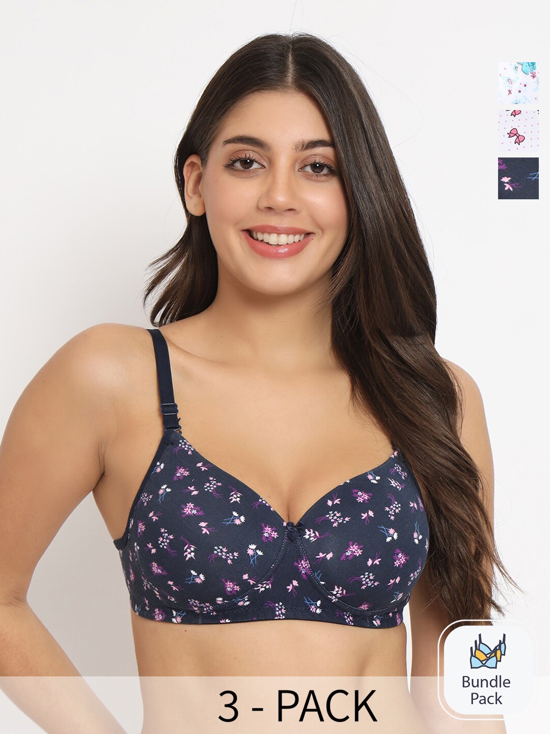 

Docare Pack Of 3 Full Coverage Lightly Padded Cotton T-shirt Bra With All Day Comfort, Navy blue