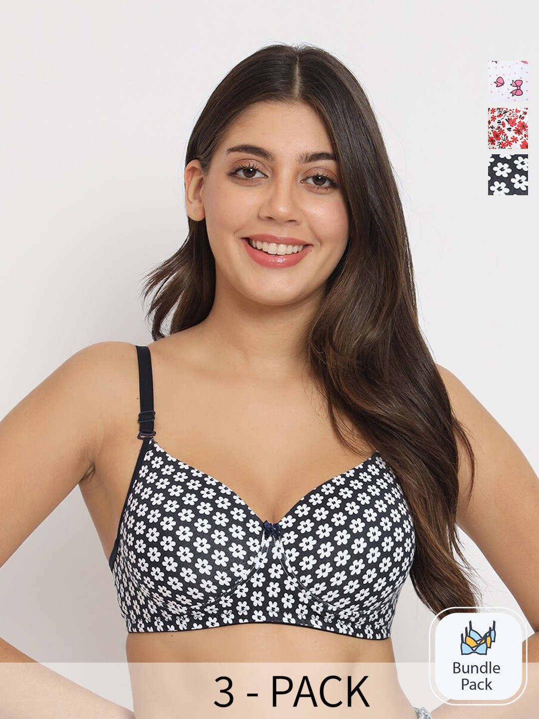 

Docare Pack Of 3 Floral Bra All Day Comfort Full Coverage Lightly Padded, Navy blue