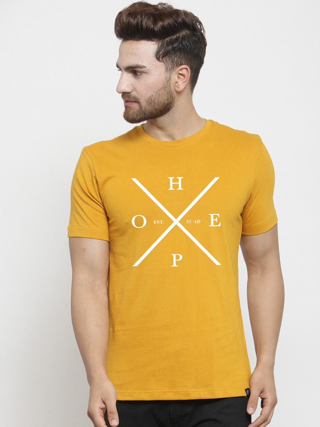 Friskers Typography Printed Slim Fit Cotton T-shirt, Mustard