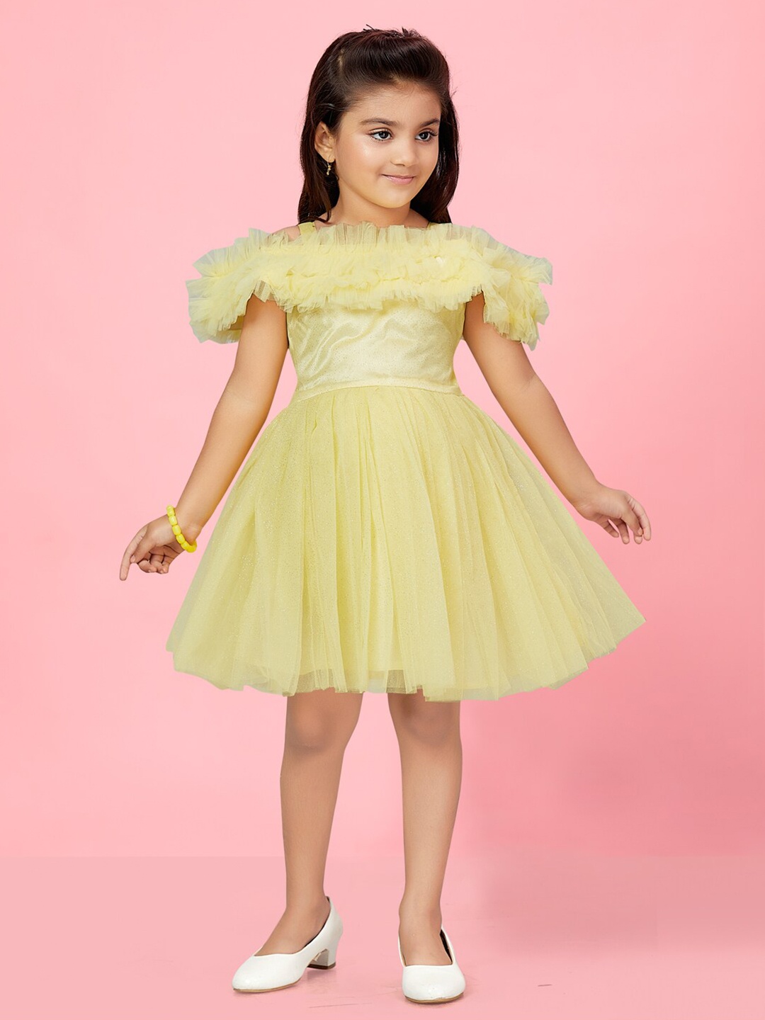 

Aarika Girls Embellished Cold Shoulder Sleeves Gathered Detailed Net Fit & Flare Dress, Yellow