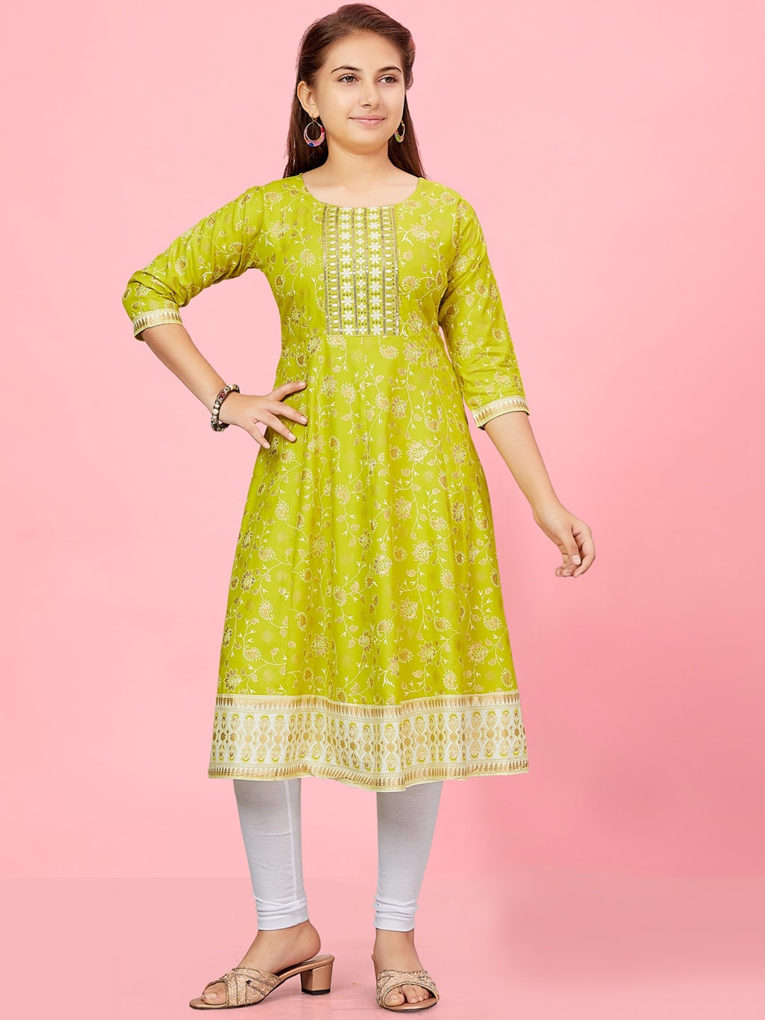 

Aarika Girls Ethnic Motif Printed Thread Work A-Line Kurta, Lime green