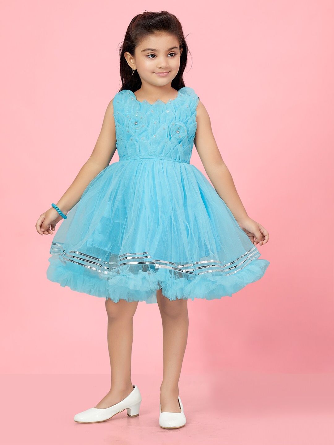 

Aarika Girls Embellished Corsage Detailed Net Fit & Flare Dress, Blue