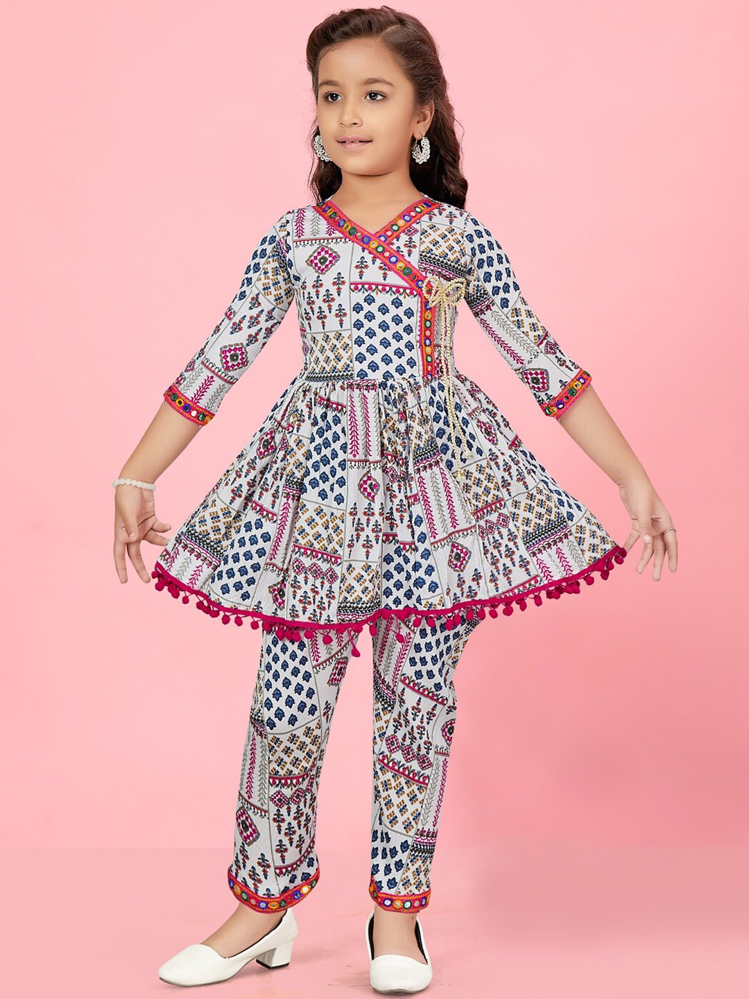 

Aarika Girls Ethnic Motifs Printed V-Neck Angrakha Mirror Work Kurti With Trousers, White