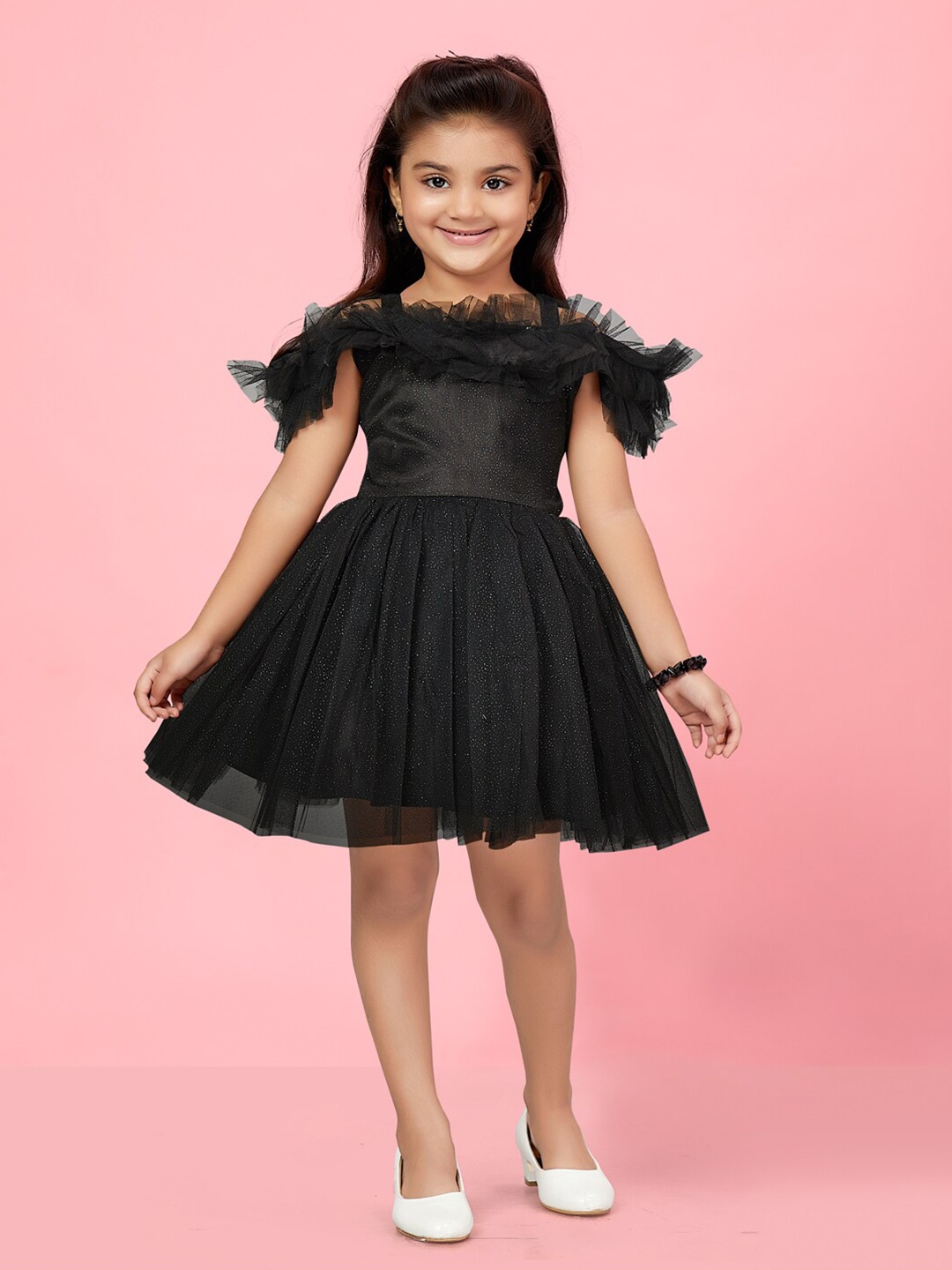 

Aarika Girls Embellished Cold Shoulder Sleeves Gathered Detailed Net Fit & Flare Dress, Black