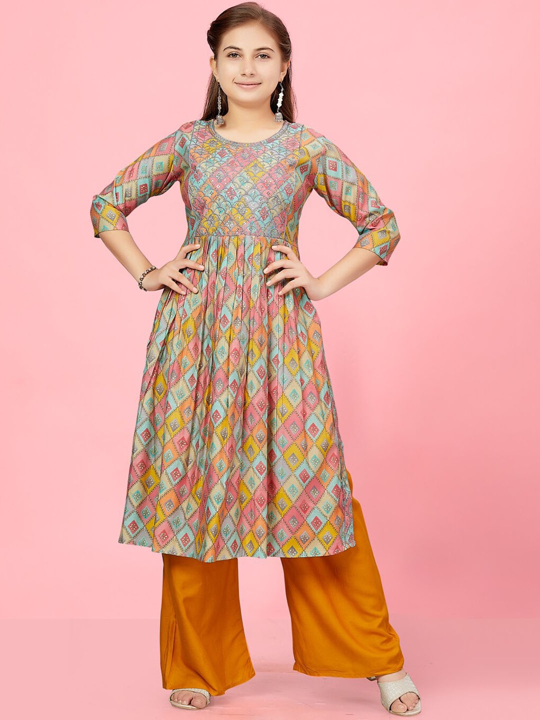 

Aarika Girls Ethnic Motif Printed Sequinned Cotton A-Line Kurta, Pink